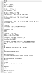 Screenshot of a '.bpm' file opened in a text editor showing English US to French translation pairs from the European Union AutoSuggest dictionary. The text is structured with the source phrase above and the target phrase below.
