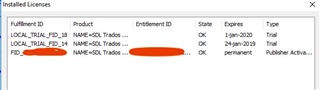 Screenshot of Installed Licenses window showing three licenses: two trial and one permanent with 'State: OK'.