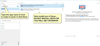Screenshot of Trados Studio appstore search with a warning not to install both versions of an app to avoid an error, and a Beta label on one app.
