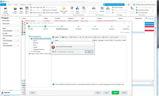 Trados Studio screenshot displaying a warning message 'You have set up different translation memories...' when starting a new project.