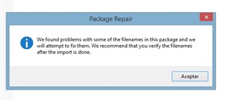 Trados Studio Package Repair dialog box with a message stating 'We found problems with some of the filenames in this package and we will attempt to fix them. We recommend that you verify the filenames after the import is done.' with an Accept button.
