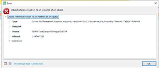 Error dialog box in Trados Studio 2019 displaying message 'Object reference not set to an instance of an object.' with details including type, help link, source, and stack trace information.