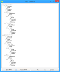 Field Selection window in Trados Studio with a list of checkboxes for different fields such as Definition, Note, Context, Source, and Target, with 'Select All' and 'Deselect All' options at the bottom.
