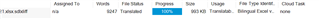 Trados Studio project view showing a file with Progress marked as 100% and status as Translated.