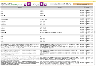 Trados Studio Translation Memory view showing TM size 800 MB and TUs 0.7 Mil with performance issue message.