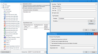 Trados Studio screenshot showing File Types options with a selected filter for 'CSS'. Advanced Settings are visible with options for tag verification and segmentation rules.