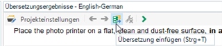 Trados Studio 2019 translation window with a single greenyellow icon indicating 'Add Translation' (Strg+T) at the top.
