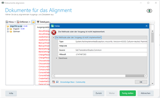 Trados Studio error message window saying 'Method or operation not implemented' with a list of file names in the background.