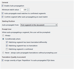 Trados Studio 2019 auto-propagation settings window showing minimum match value set to 100 and options for exact match propagation selected.