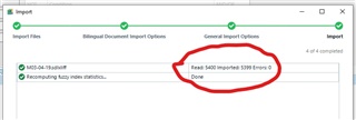Trados Studio import wizard showing 5399 translation units imported successfully.