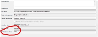 Trados Studio translation memory settings displaying a total of 2572 translation units.