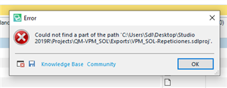 Error message in Trados Studio stating 'Could not find a part of the path' followed by a file path that is unrelated to the user's project.