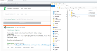 Email from Steven with solution to rename folder 14.0.0.0, and a screenshot showing two folders named 14.0.0.0 and 14.0.0.0_ in Trados Studio directory.