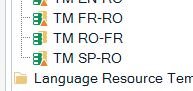Screenshot showing a list of Translation Memories (TMs) in Trados Studio. TM FR-RO and TM SP-RO have an orange triangle icon, indicating a warning or error, while the newly created TM RO-FR does not have this icon.