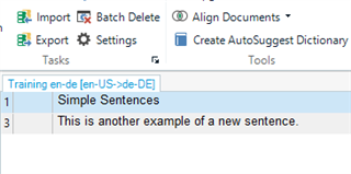 Trados Studio TM section with menu options visible, including Import, Export, Batch Delete, and Settings. A project named 'Training en-de en-US->de-DE' is open with a segment 'Simple Sentences' displayed, but the Search Details bar is not visible.
