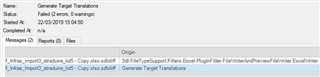 Screenshot of Trados Studio showing a failed project with the status 'Failed (Error, Overlapping)' and a message 'Report on Files'.
