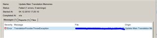 Screenshot of Trados Studio showing an error message 'Failed (1 error, 0 warnings)' in the Update Main Translation Memories task with a red error icon next to 'TranslationProviderTranslationException'.