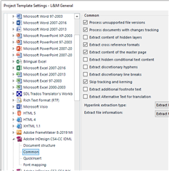 Project Template Settings in Trados Studio showing a list of supported file types with 'Adobe InDesign CS4-CC 2019 IDML' checked under the 'Common' section.