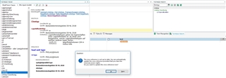 Trados Studio interface with a project open, showing a warning message 'The file cannot be opened because it is being used by another process' in a pop-up window.