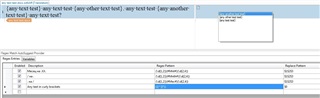 Trados Studio Regex Match AutoSuggest Provider settings. 'Regex Pattern' column shows (*). 'Replace Pattern' column shows $0. 'Enabled' checkbox is ticked. A suggestion box displays 'no text found'.