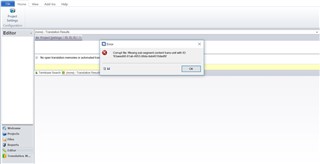 Warning message in Trados Studio stating 'Cannot find any supported translation memory or add-in. Would you like to create a new translation memory?' with OK and Cancel buttons.