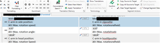 Trados Studio 2021 interface showing source segment with large empty spaces due to enabled whitespace characters, contrasting with normal spacing in the translation segment.