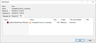 Trados Studio Task Results window showing the file 'Gibson-Morph-Flyer-2019.idml' with a status 'Completed (2 errors, 2 warnings)' and file usage set to 'Reference'.