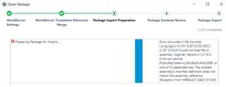 Trados Studio error message window stating 'Could not load file or assembly log4net Version=1.2.10.0' during package import.