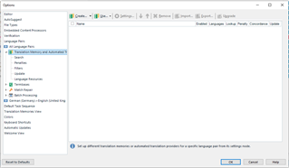 Trados Studio Options menu showing all language pairs with no visible errors or warnings.