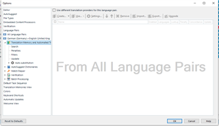 Trados Studio Options menu for German-English language pair with a warning message about different translation providers for the language pair.