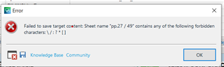 Error dialog box in Trados Studio 2021 displaying message: Failed to save target content. Sheet name 'pp.27 49' contains any of the following forbidden characters: , , , , , .