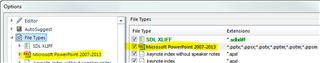 Trados Studio 2019 SR2 options menu showing the file types list with 'Microsoft PowerPoint 2007-2013' filter highlighted at the top.