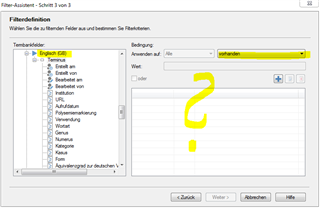 Trados Studio filter definition window with a question mark indicating confusion. The 'TermBase fields' list is visible with 'English (GB)' highlighted but the 'Next' button is inactive.