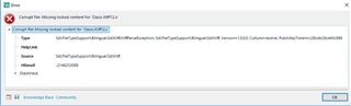 Error message in Trados Studio stating 'Corrupt file: Missing locked content for Oasis.Xliff12.x' with a file path and an 'OK' button.