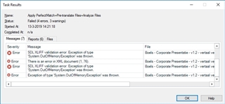 Trados Studio Task Results window showing 3 errors. Error 1: SDL XLIFF validation error: Exception of type 'System.OutOfMemoryException' was thrown. Error 2: There is an invalid XML document (2, 2). Error 3: Exception of type 'System.OutOfMemoryException' was thrown.