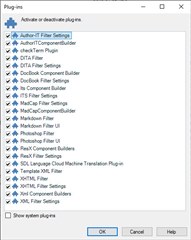 Screenshot of Trados Studio Plugins list with various plugins such as AutoCorrect, dtaTermCheck, and Okapi Filters shown as installed.