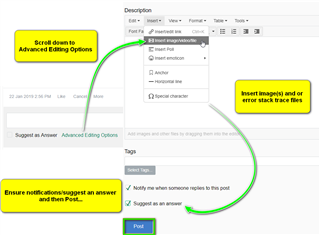 Screenshot of Trados Studio's forum post editor with annotations pointing to 'Advanced Editing Options' and 'Insert image(s) andor error stack trace files'.