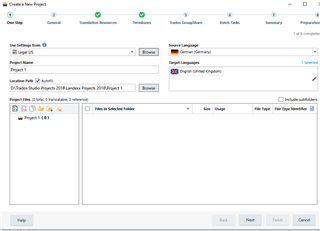 Trados Studio screenshot showing the 'Create a New Project' wizard with 'Project TM' selected, displaying the 'Legal US' template in the template window.