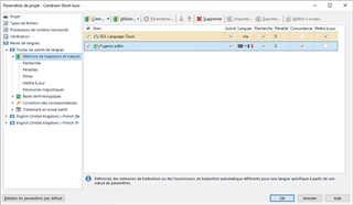 Trados Studio project settings window showing translation memories section with none selected and SDL Language Cloud activated.