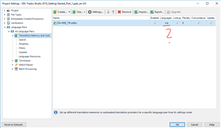 Screenshot of Trados Studio's Project Settings window with a red question mark indicating an error in the Translation Memory settings, specifically a missing language pair.