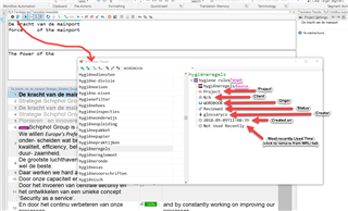 Screenshot of Trados Studio interface showing the 'Add Note' feature with hard-coded categories listed, including 'General', 'ToDo', 'Unclear', and 'Change'. Arrows point to the note icon and categories dropdown menu.