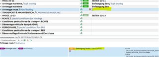 Trados Studio translation grid with segments in green indicating autopropagation success, but one segment in yellow showing a warning for autopropagation failure.