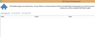Screenshot of SDL Plugin Management window with no plugins listed, indicating Trados Studio is closed and no plugins are installed.