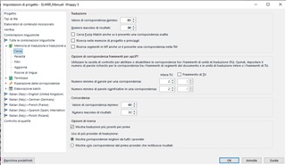 Trados Studio settings window with options for segment merging, including checkboxes for 'Merge segments across paragraphs' and 'Include numbers in adjacent segments'.
