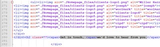 Screenshot of HTML code with multiple image tags for client logos, no visible errors or warnings.