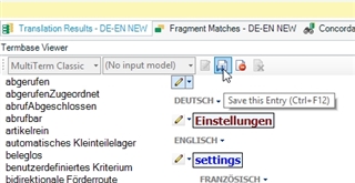 Trados Studio screenshot showing TermBase Viewer with a warning icon next to the 'MultiTerm Classic' dropdown menu and the German term 'Einstellungen' selected.