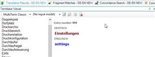 Trados Studio Translation Results pane showing a warning icon next to 'No input model' message, with entry number 164 selected showing German 'Einstellungen' translated to English as 'settings'.