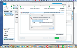 Screenshot of Trados Studio displaying an error message in Italian indicating 'culture settings not supported' with options to Ignore, Abort, or Retry.