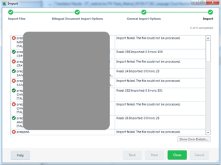 Trados Studio import error showing multiple 'Import failed. The file could not be processed' messages for selected .sdlxliff files with a greyed out 'Show Error Details' button.