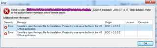 Error message in Trados Studio stating 'Failed to open file. Please try to resave the file in the MS Office application.' with two identical error details listed.